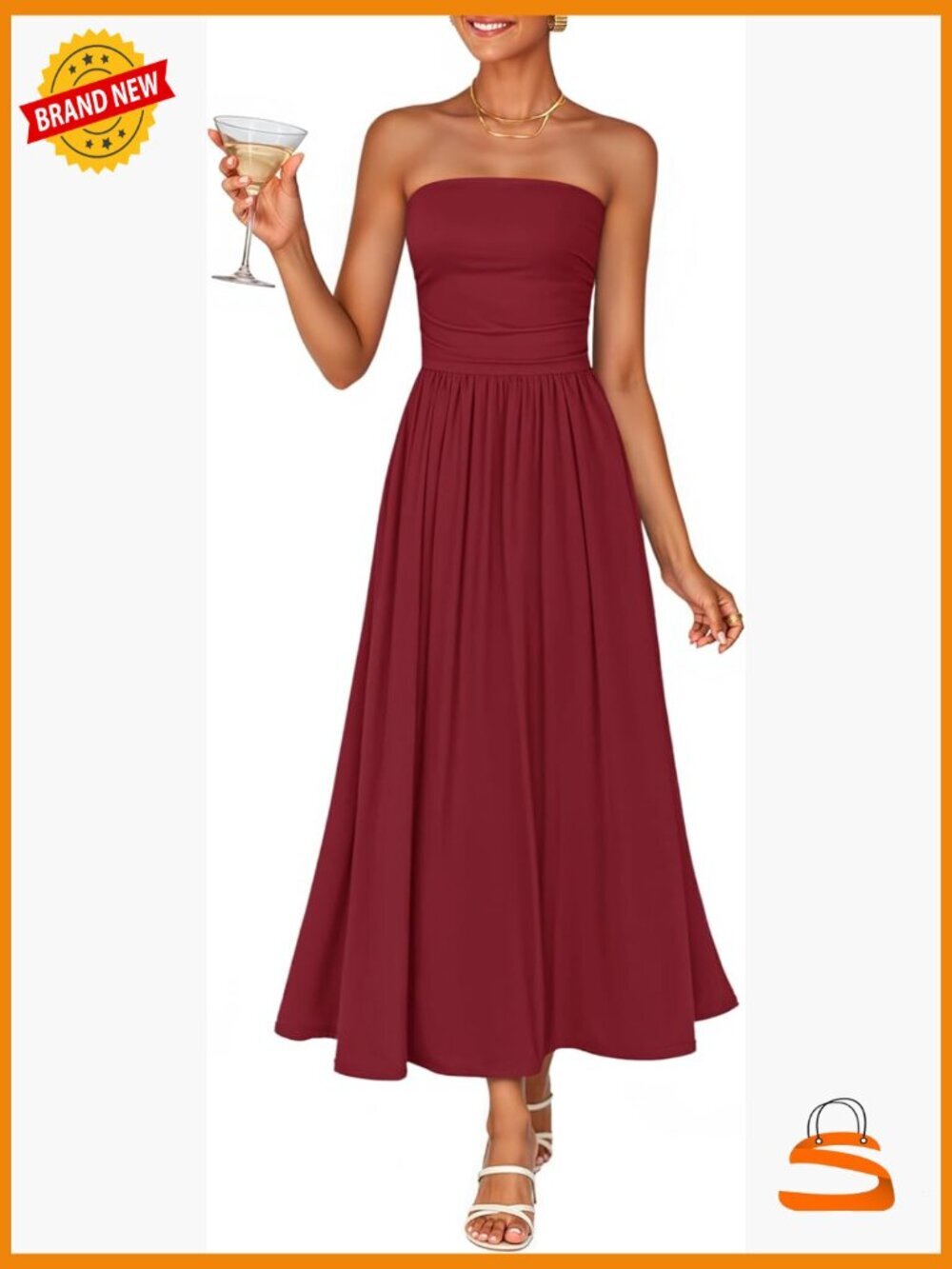 Sleeveless Strapless Ruched Midi Dress Flowy A-Line Wedding Guest Party